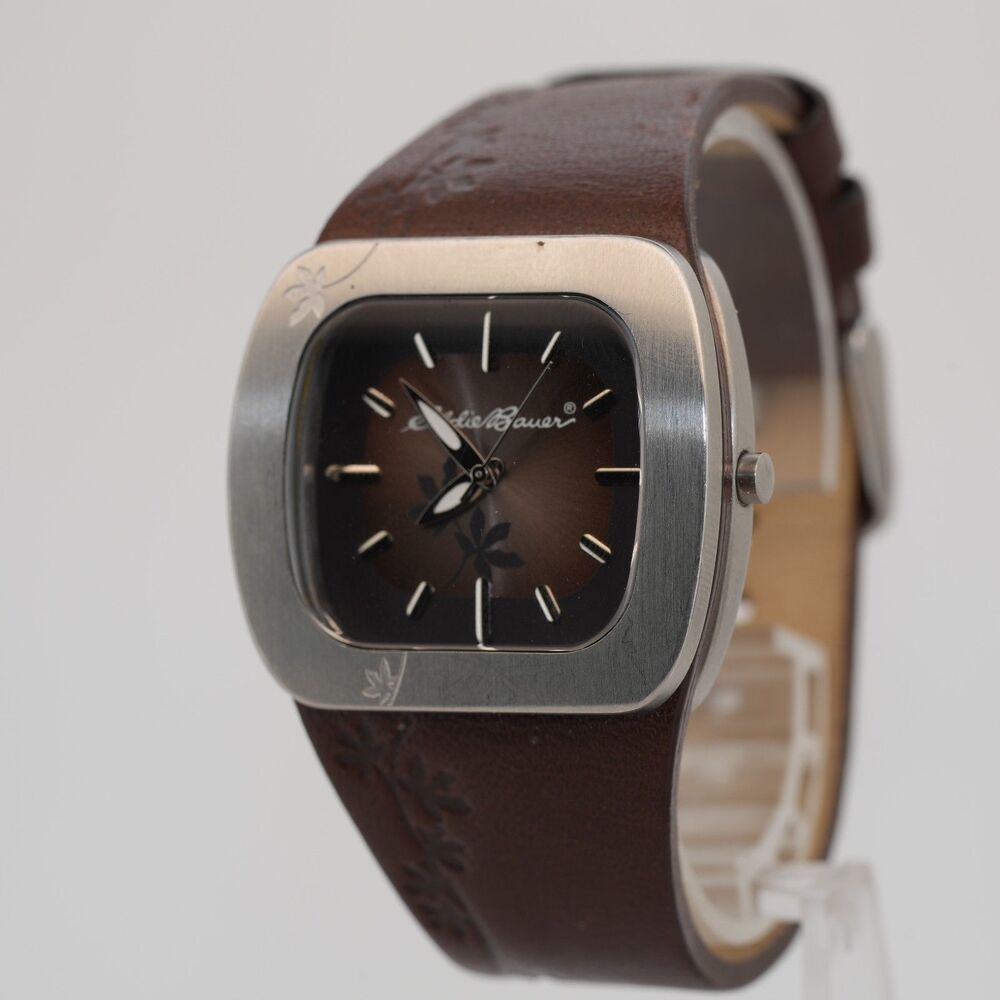 TV Dial Eddie Bauer 1139 Quartz Watch 36mm Brown Floral Leather New Battery